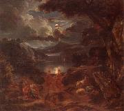 unknow artist A pastoral scene with shepherds and nymphs dancing in the moonlight by the edge of a lake oil painting on canvas
